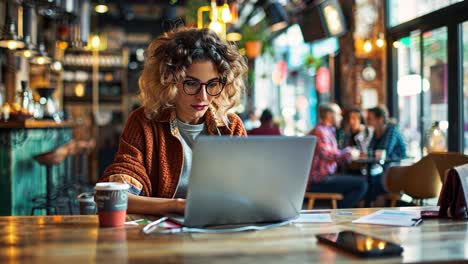 woman working on laptop in a cafe
