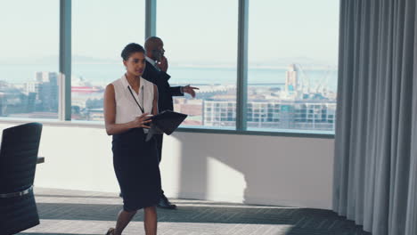 business woman and walking in conference room