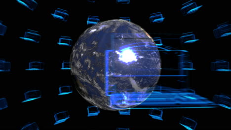 Planeta-Tierra-Girando-Dentro-De-La-Esfera-De-Computadoras-Holográficas---Animación-Abstracta-En-Internet
