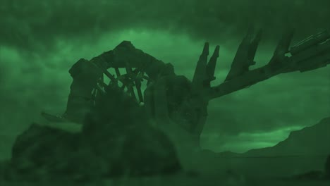 cinematic shot of a stormy ancient alien crash site, with a smooth tracking shot of a vast hulk of a derelict space ship in the distance, through an electrical silicate storm - green color scheme