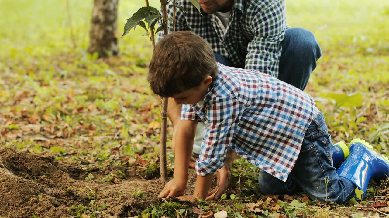 primer plano. retrato de un niño y su padre plantando un árbol. el niño se arrodilla junto al árbol. presionan el suelo con las manos. fondo borroso