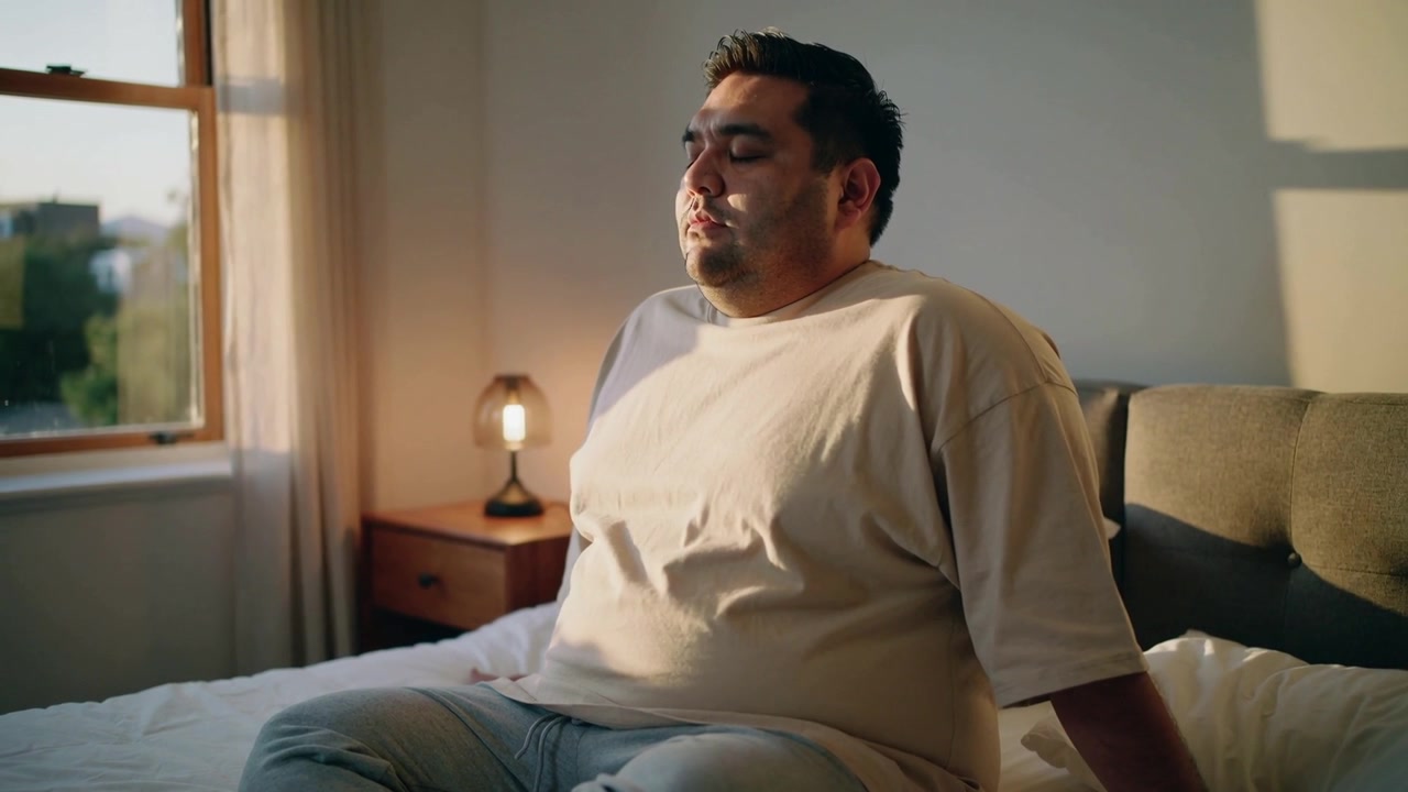 Uomo in maglietta beige e jeans sul letto, reagisce alla luce della finestra, girando la testa e aprendo gli occhi.