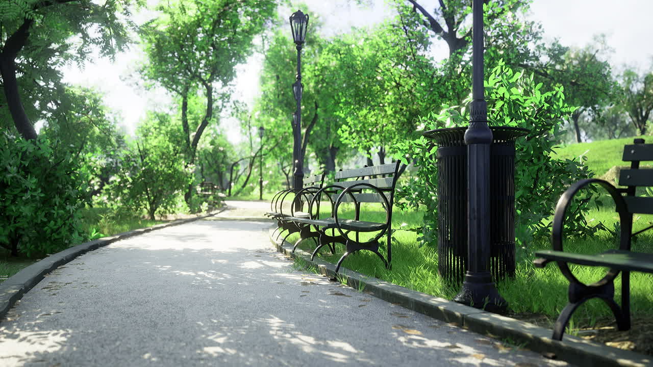 Relaxing path in a lush park with benches and trees under sunlight
