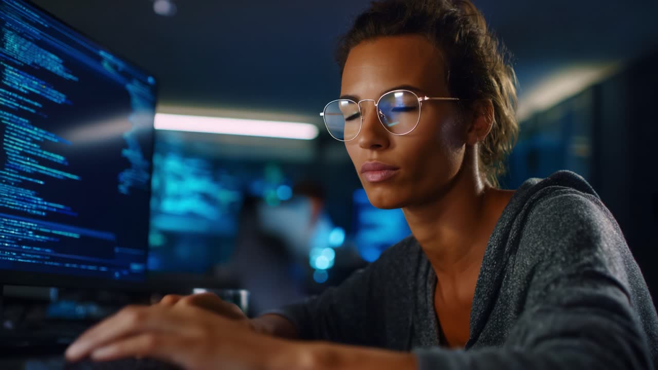 Fokus og beslutsomhed: En ung person er fordybet i kodning, omgivet af komplekse data i et svagt oplyst computermiljø, der indfanger essensen af teknologi