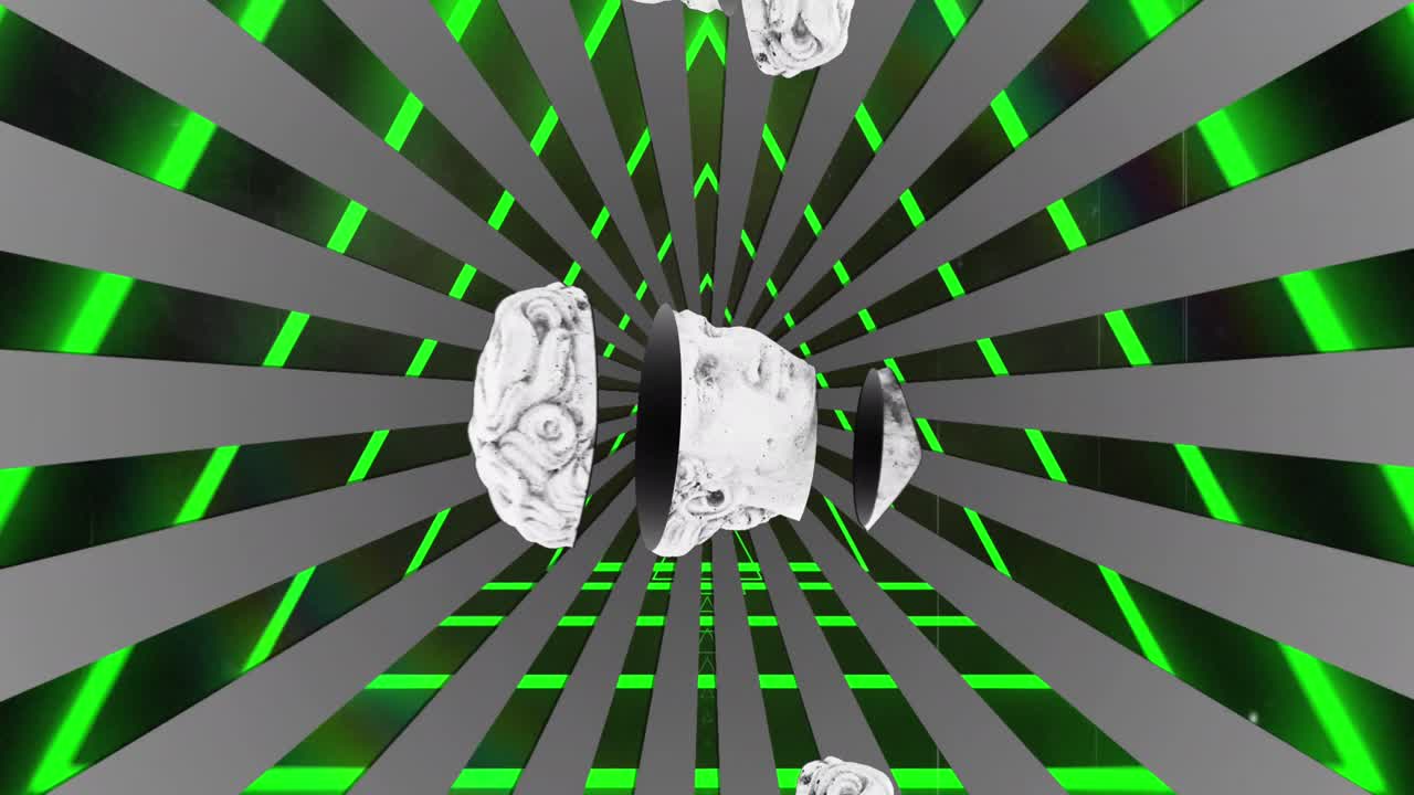 animación de antiguas esculturas de cabezas cortadas sobre un túnel de neón sobre un fondo negro.