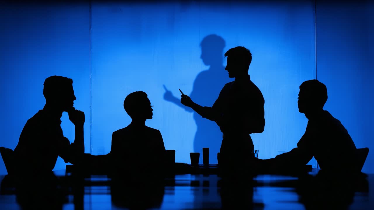Engaging Discussion in a Corporate Setting: Silhouetted Figures Interacting During a Meeting or Presentation Against a Striking Blue Background