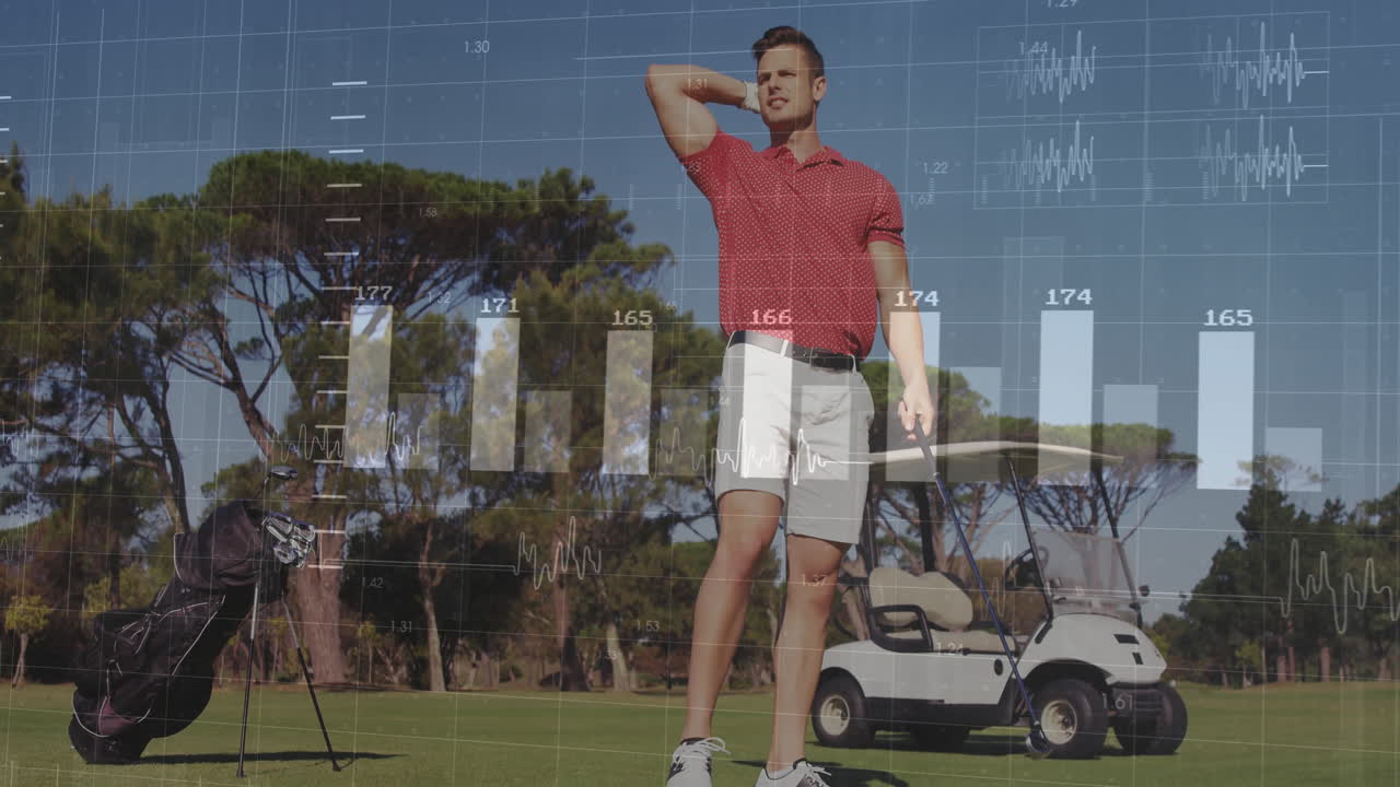 Man in red shirt on golf course with data processing animation overlay