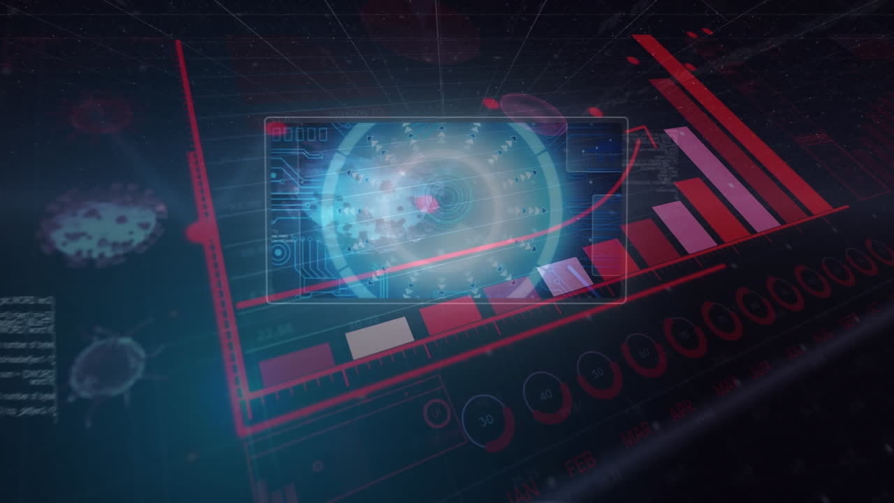 procesamiento de datos estadísticos de covid-19 contra escáner redondo y procesamiento de datos en fondo azul