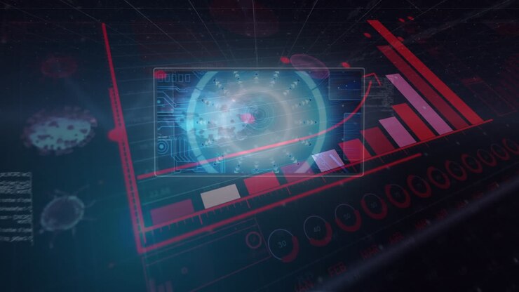 Covid-19 statistical data processing against round scanner and data processing on blue background