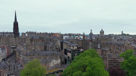 cinematic ascending drone shot revealing edinburgh’s historic skyline with iconic architecture, rooftops, and distant landmarks unfolding in dramatic fashion