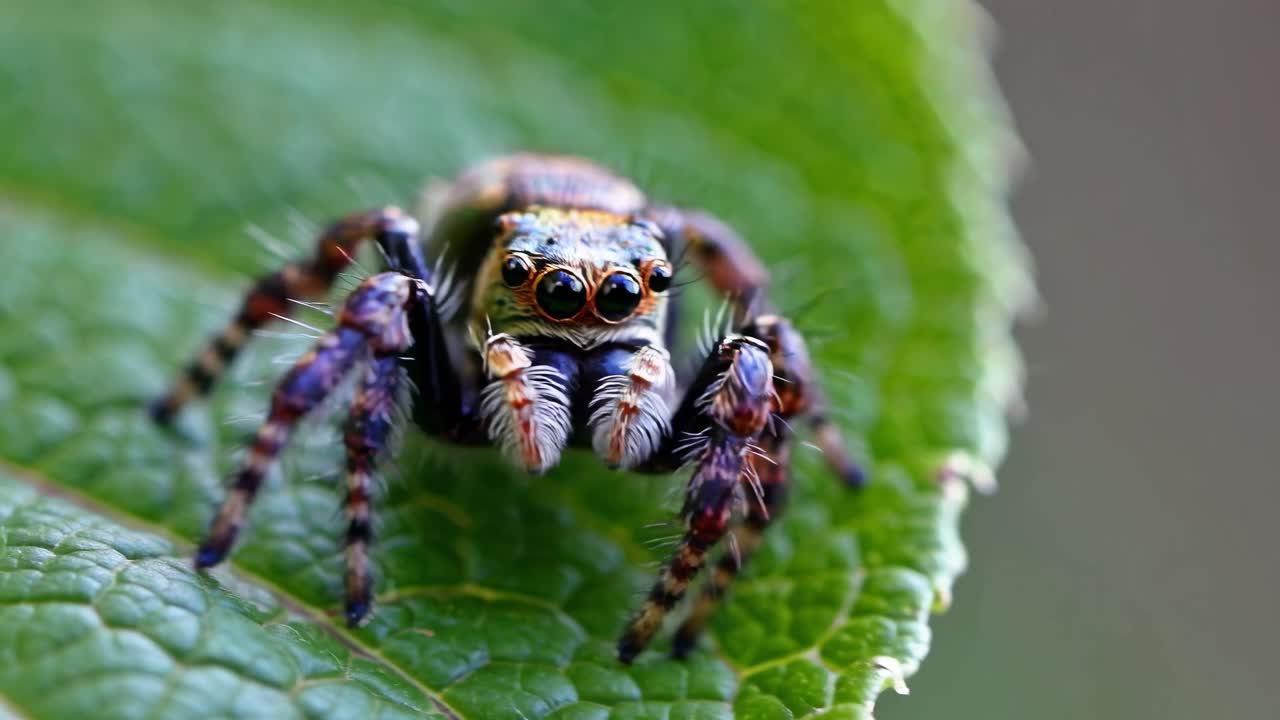 Close-up video of a spider on a leaf, showcasing its intricate details