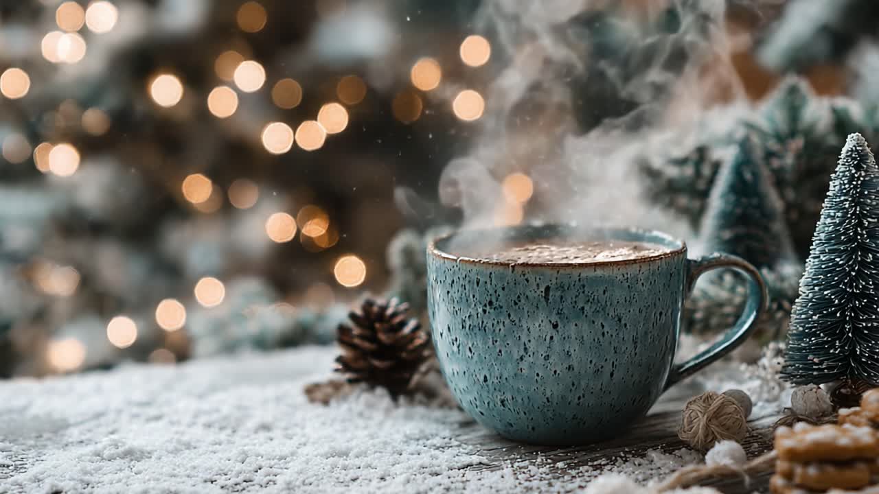 Cozy Winter Scene: A Steaming Cup of Hot Beverage Surrounded by Festive Decor and Snowy Elements, Capturing the Essence of a Warm Holiday Atmosphere