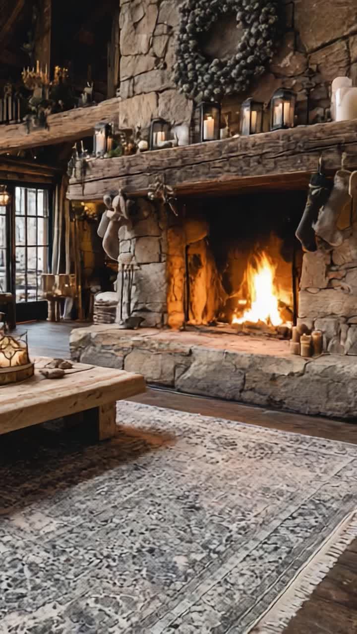 Accogliente zona giorno con un caldo caminetto e arredamento rustico con vista su una fiamma vivace con decorazioni festive, atmosfera invitante perfetta per le feste