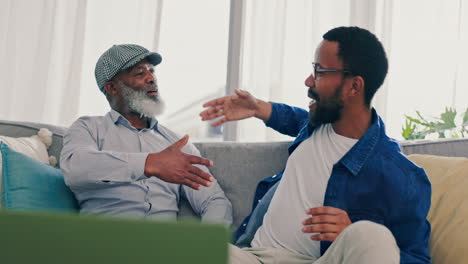 father, son and fun handshake in home