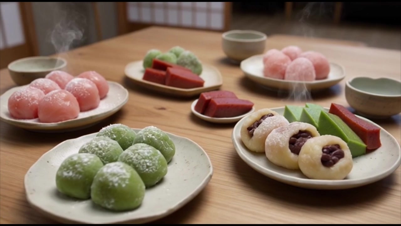 Assorted Japanese Mochi and Traditional Sweets on a Wooden Table