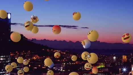 animación de emojis con la ciudad en el fondo