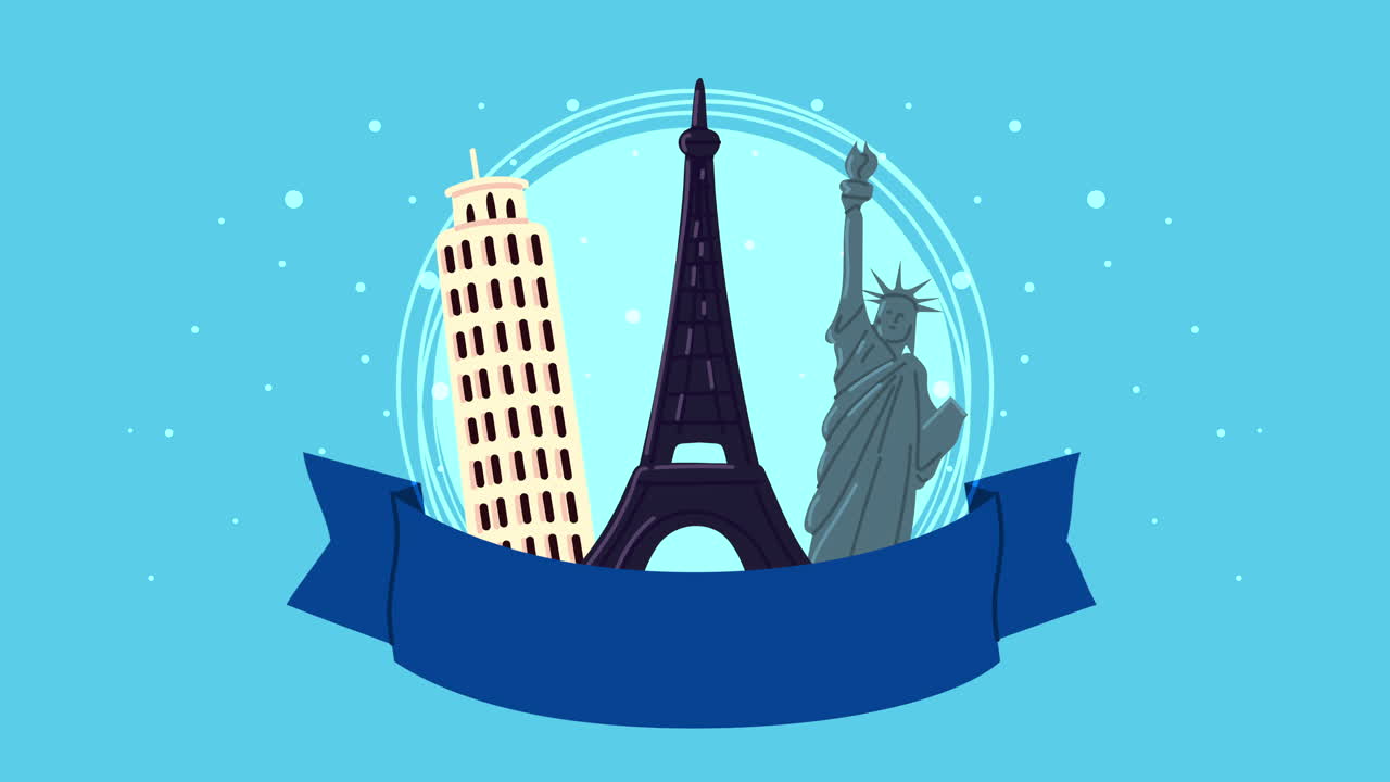 리본에 랜드마크가 있는 bon voyage 애니메이션