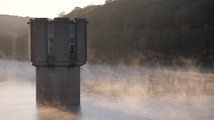High quality video showing a concrete tower rising from the calm misty lake of the Wehebachtalsperre at sunrise with soft light, drifting fog and a quiet forest backdrop