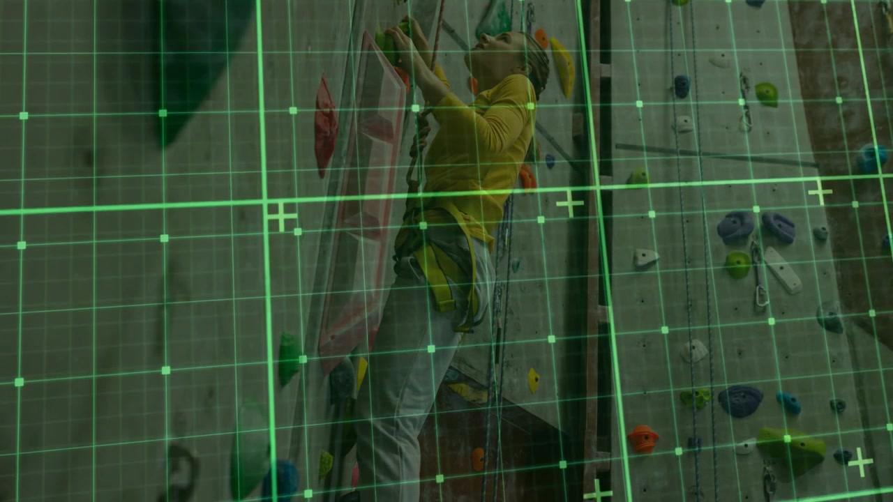 Gripping initial holds, woman climbing wall under animated grid overlay for training