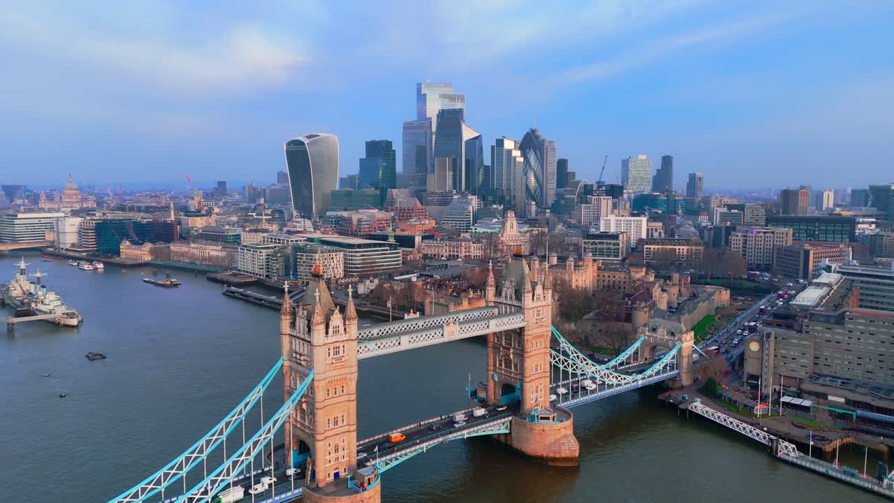 London City Tower Bridge, aerial orbital view, slow motion