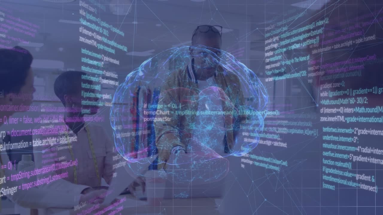 Animation of human brain, data and network of connections over diverse business people in office