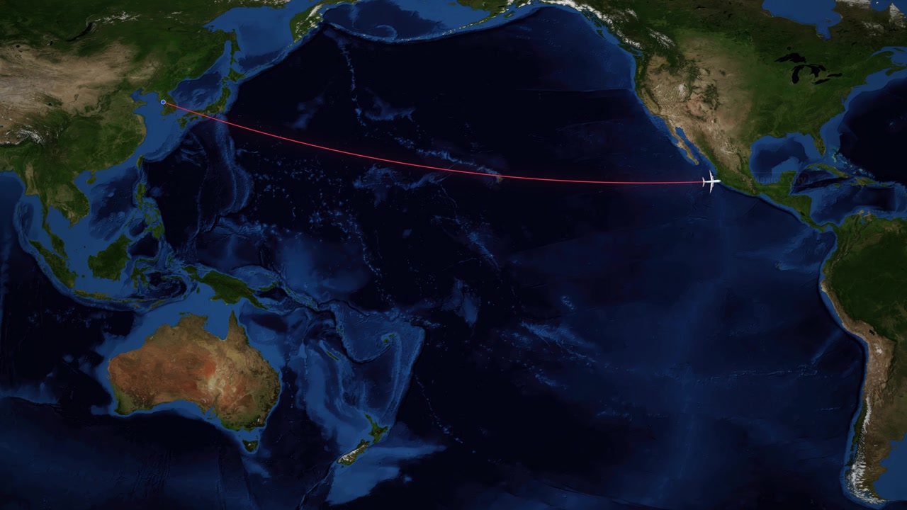 This animation follows a commercial flight path from Seoul to Mexico City across the Pacific