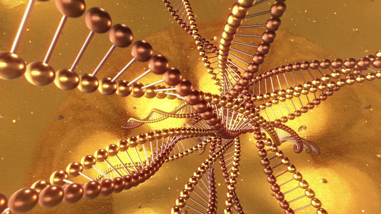 Sfondo geometrico dorato con spirali di molecole di DNA. Rendering 3D in loop 4k