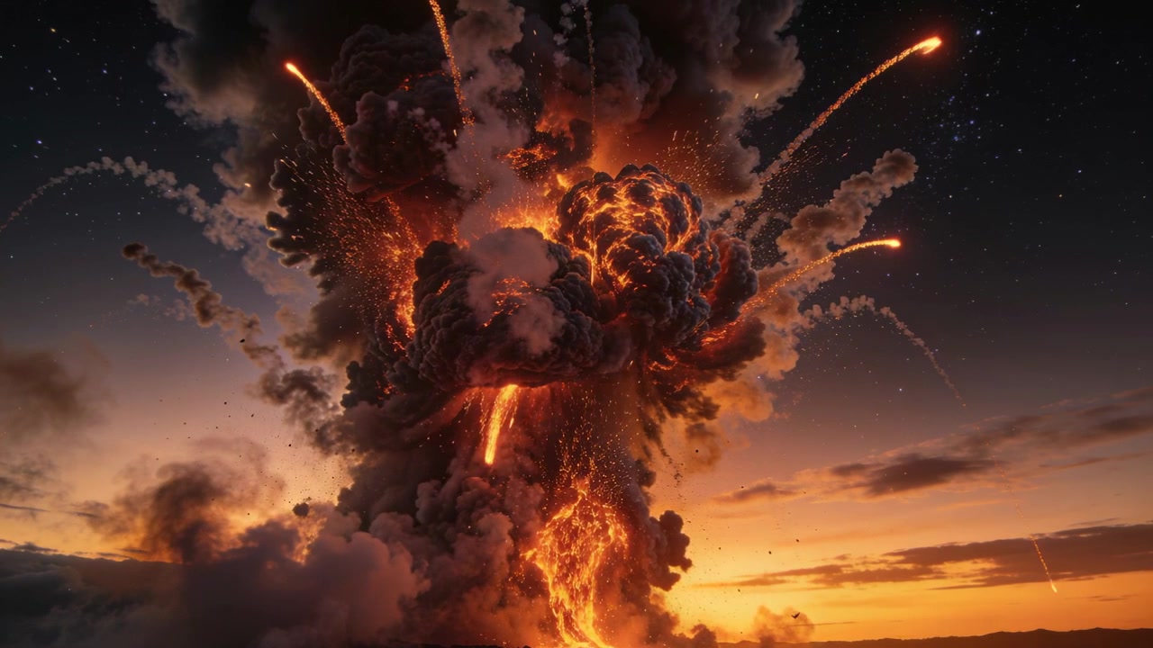 Rosnąca kolumna erupcyjnego popiołu wyrzucająca ogniste fragmenty na tle zmierzchowego nieba, wewnętrzny blask wywołujący rozbłyski.
