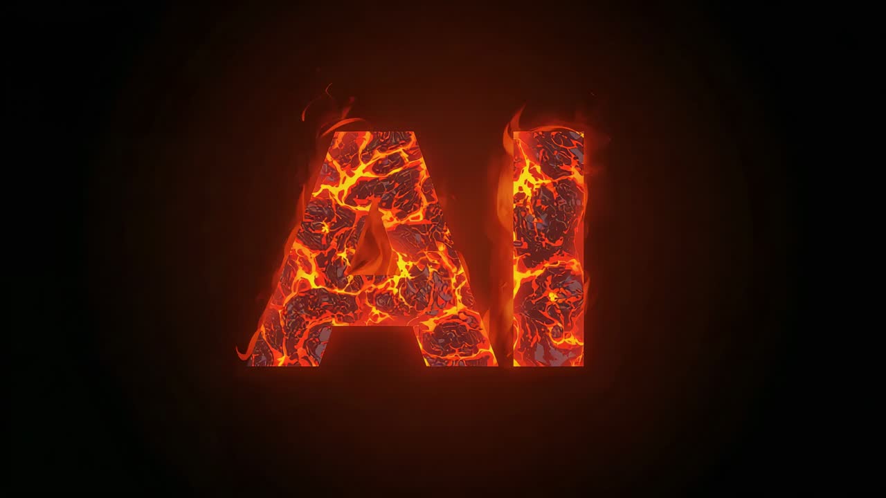 Glødende AI-bokstaver pulserende smeltede årer, gnistrende flammer og røyk på mørk gradient for logoavsløring