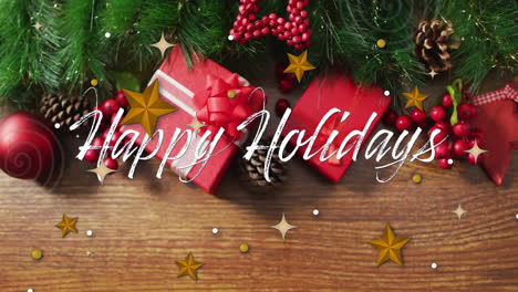 animation of happy holidays text over stars and presents