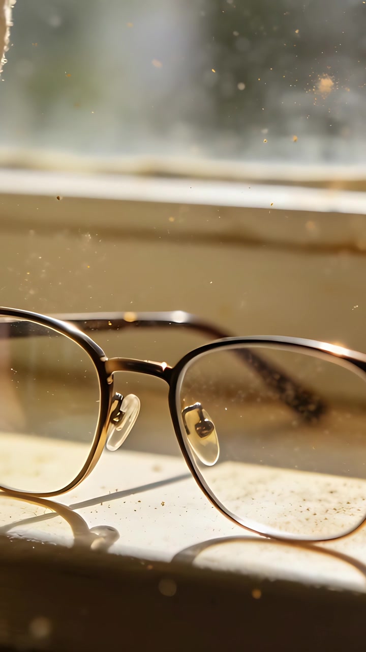 Vertical video: Glinting metal glasses resting on painted sill, sunlight showing dust and glare