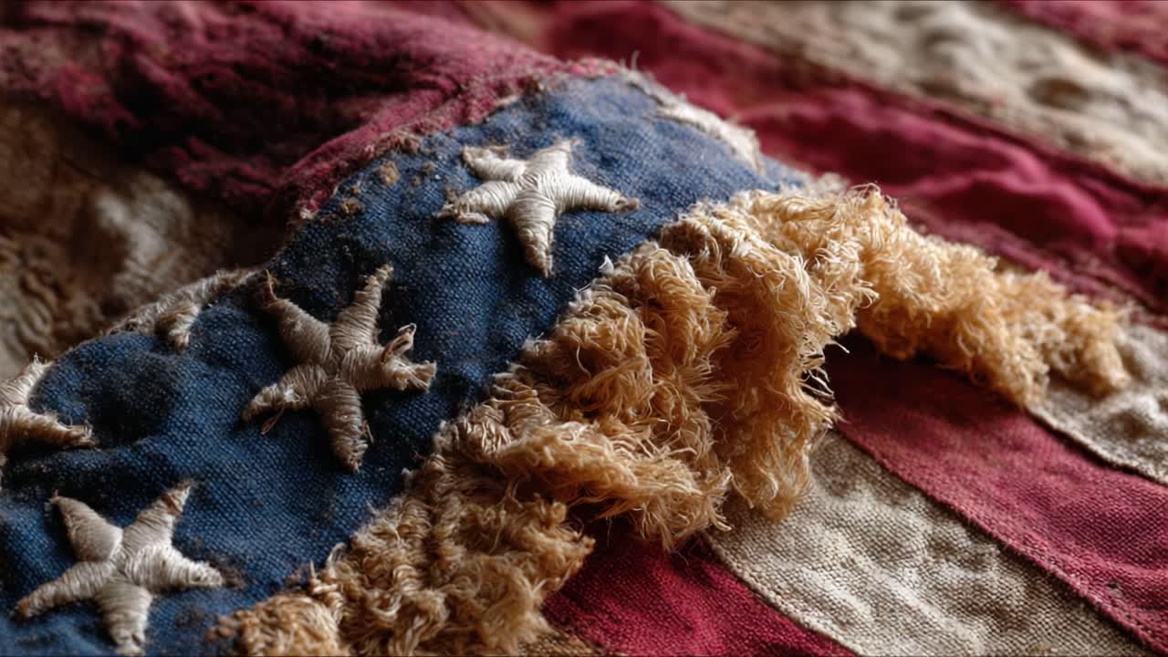 A Close-Up View of an Antique Flag Showcasing Worn Fabric, Distressed Stitching, and Faded Colors, Highlighting the Rich History and Craftsmanship Embodied in this Iconic Textile