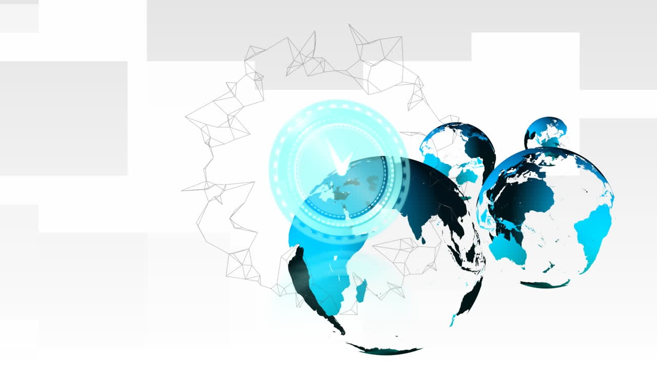 회색 배경 에 회전 하는 지구 와 대비 하여 틱 하는 네온 파란색 시계 의 디지털 애니메이션