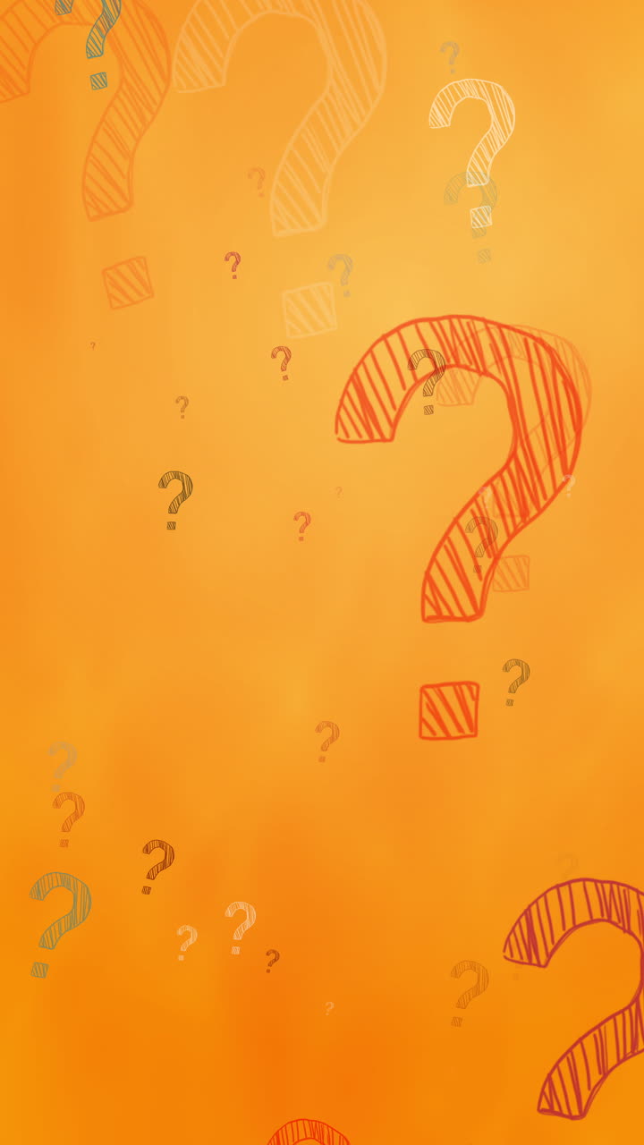 Question mark symbol animated pattern on yellow background with copy space. Loop motion graphic. Vertical video.
