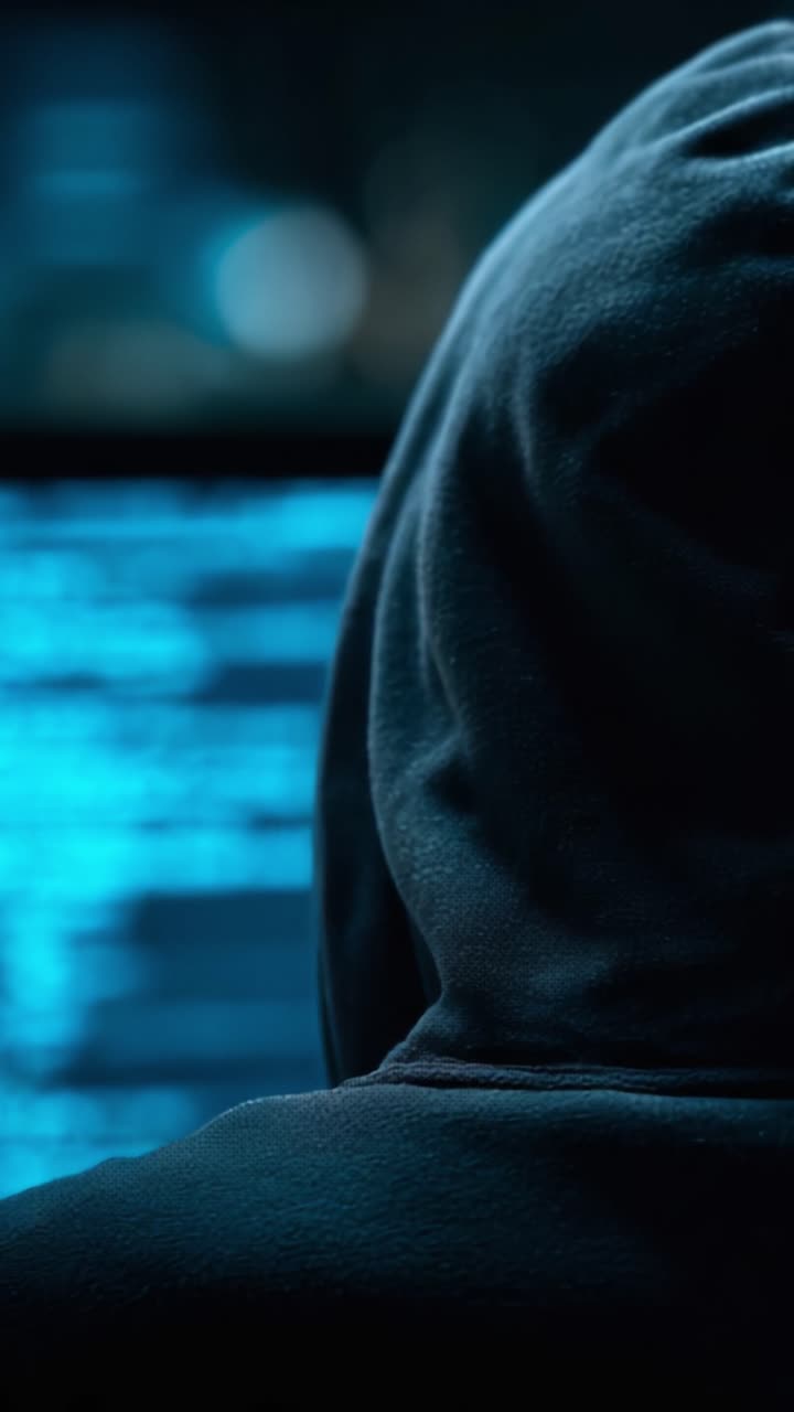 Una figura misteriosa con una felpa con cappuccio che analizza linee di codice su uno schermo in penombra, cattura l'essenza della cybersecurity e dell'intrigo digitale.