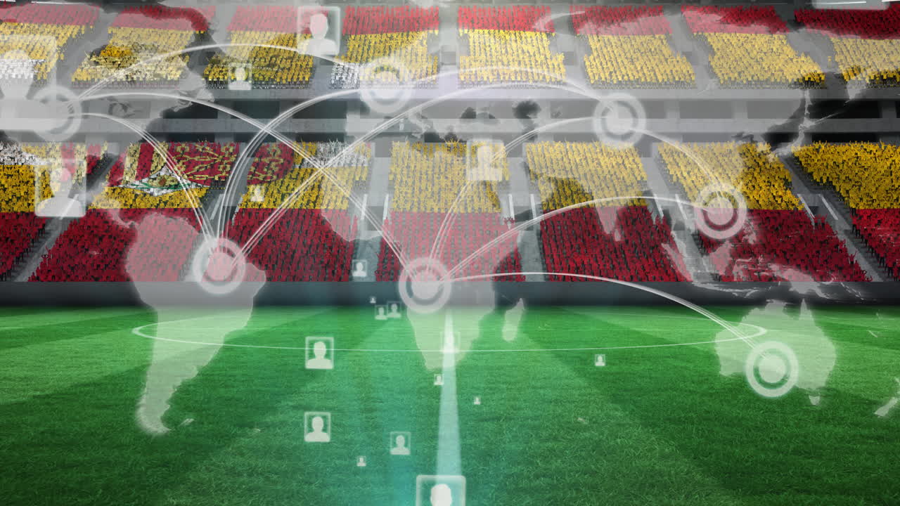연결 네트워크의 애니메이션, 스포츠 스타디움의 빈 스탠드에 스페인 국기 위의 세계 지도