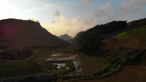 aeria view of natural agricultural landscape of son la region in vietnam.drone fly above rice fields mountains terraces during sunset