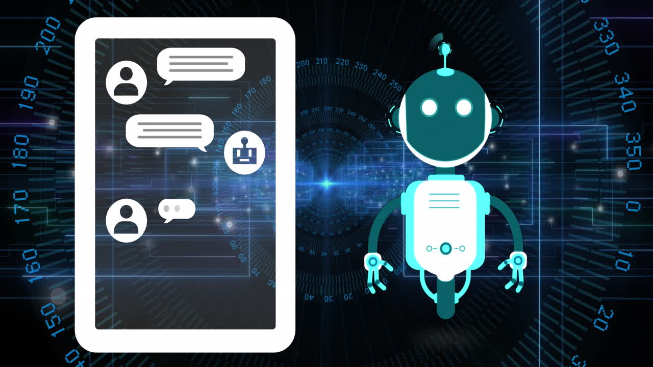 Animation of ai chat bot and tablet with chat on black background