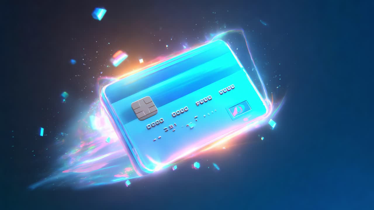 A futuristic digital payment card with a vibrant blue design, showcasing advanced technology and dynamic motion effects against a sleek dark backdrop, highlighting the evolution of financial transactions