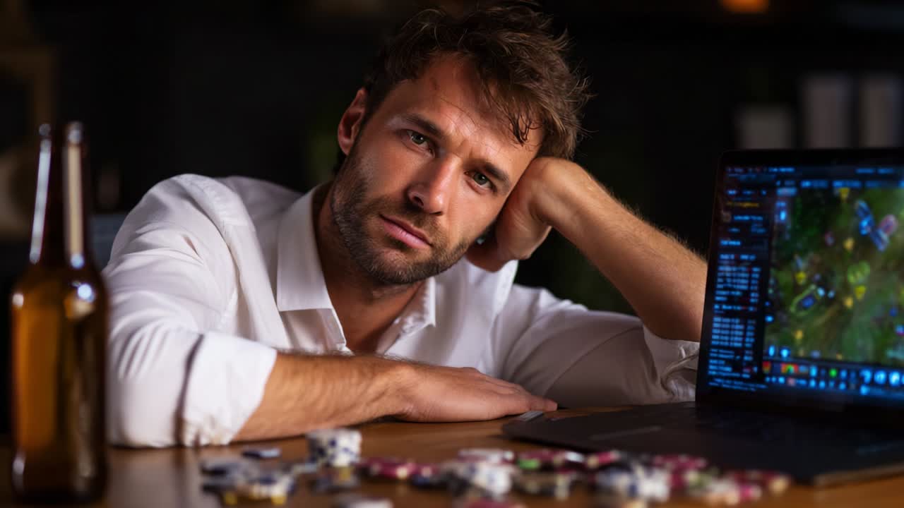 A young man watches intently as his gaming session reaches a crucial moment, surrounded by scattered poker chips, empty bottles, and a glowing laptop display that highlights the excitement of competitive play