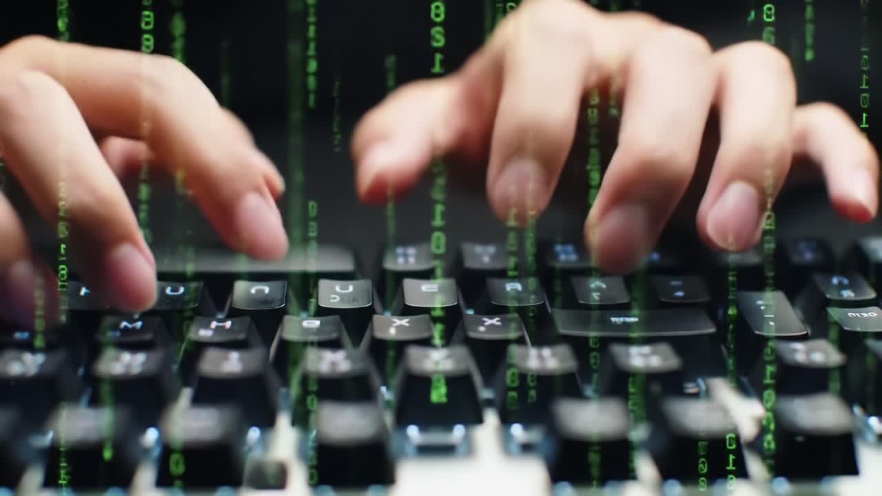 Focused Hands Typing on a Keyboard Surrounded by Green Digital Code, Representing the Intersection of Technology and Information Processing