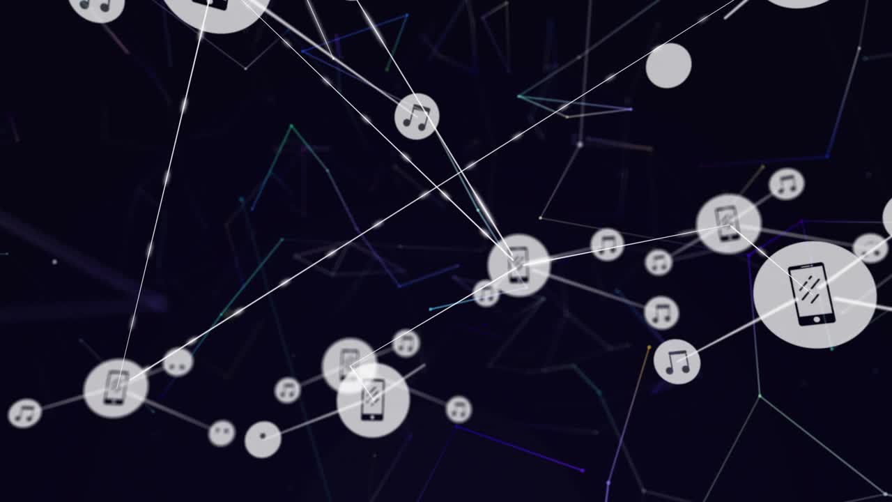 space showing smartphone node drifting into hub, tech network linking music and chat icons