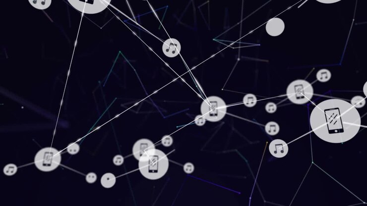 space showing smartphone node drifting into hub, tech network linking music and chat icons