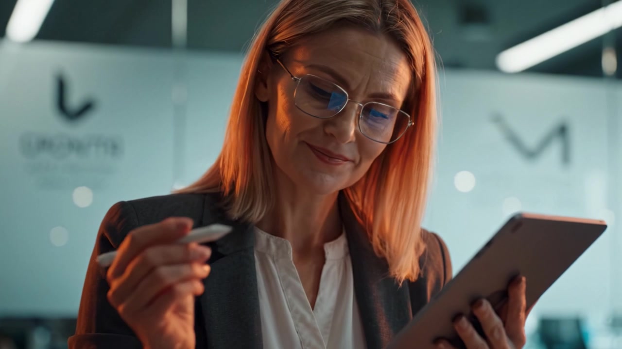 Professional woman using a digital tablet to take notes or engage in activities, showcasing a modern work environment with a focus on technology and productivity.