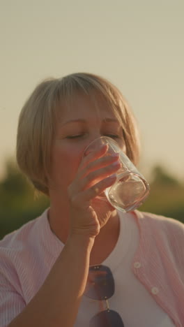 middle-aged woman in pink shirt enjoying refreshing drink of water outdoors under sunny sky, she holds glass with relaxed expression, savoring moment in natural green setting