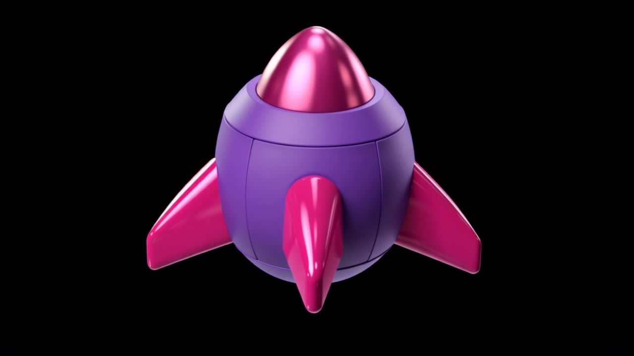 3D Animated Purple and Pink Rocket Rotating on Black Background