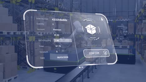 animación de la interfaz digital con iconos y procesamiento de datos sobre diversos trabajadores en el almacén