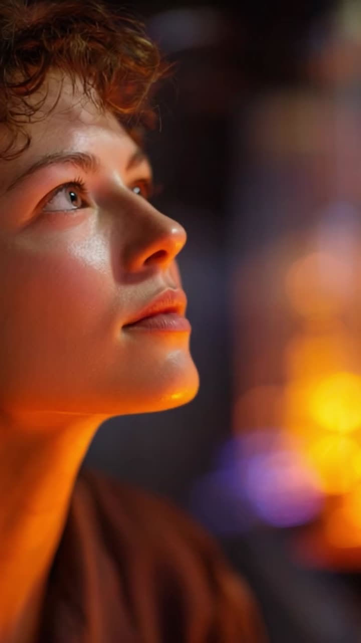 Captivating Portrait of a Young Woman Under Warm Light, Expressing Serenity and Contemplation, Set Against a Beautifully Blurred Glowing Background