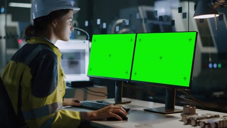 female engineer wearing safety vest and hardhat works on a computer, two monitor screens show chroma key / green screen displays. modern high-tech industry 4.0 electronics production factory