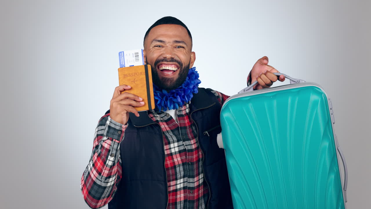 hombre, bailar con pasaporte y equipaje para viajar